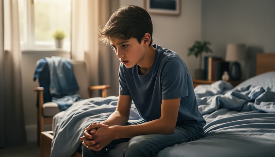 Teenager seated on the floor in her room with a calm but tearful expression, symbolizing an intense emotional moment.