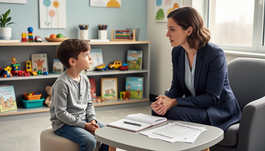 Therapist and child in a counseling office with counselor reviewing notes.