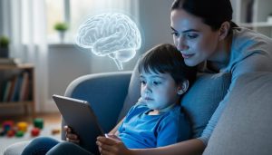 A young child watching a tablet on a couch while an adult sits nearby, with a subtle brain-shaped light effect indicating video brain development.