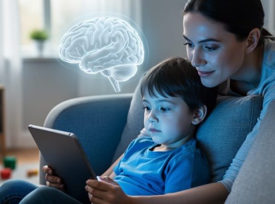 A young child watching a tablet on a couch while an adult sits nearby, with a subtle brain-shaped light effect indicating video brain development.