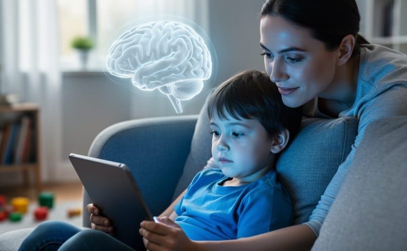 A young child watching a tablet on a couch while an adult sits nearby, with a subtle brain-shaped light effect indicating video brain development.