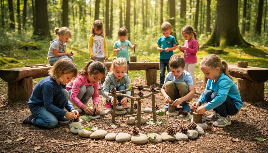 Children kneeling on a mossy forest floor using loose natural materials like sticks and stones for creative play.