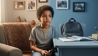 Multicultural child sitting between home heritage elements and school supplies, expressing worry and needing support across cultures.