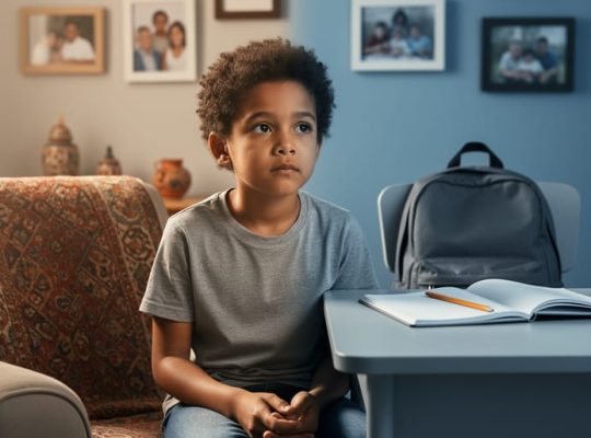 Multicultural child sitting between home heritage elements and school supplies, expressing worry and needing support across cultures.