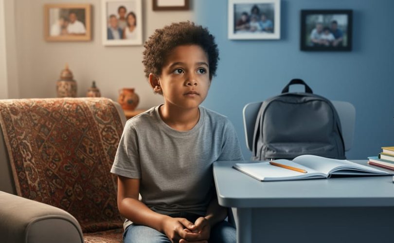Multicultural child sitting between home heritage elements and school supplies, expressing worry and needing support across cultures.