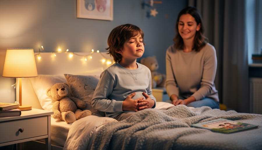 A child lying on a bed with hands on their belly, eyes closed, practicing calm breathing under warm nightlight glow.