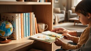 Child and parent reading an open children’s book in front of a warmly lit bookshelf filled with colorful books for emotional support.