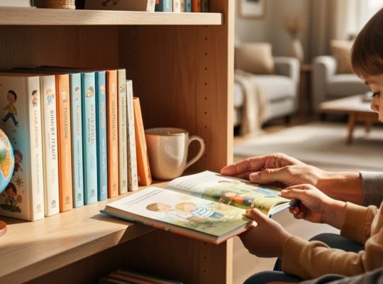 Child and parent reading an open children’s book in front of a warmly lit bookshelf filled with colorful books for emotional support.