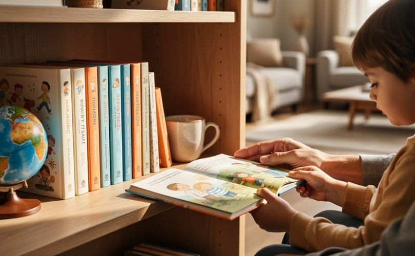 Child and parent reading an open children’s book in front of a warmly lit bookshelf filled with colorful books for emotional support.