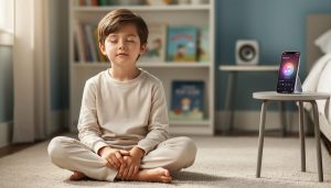 Child sitting calmly on a bedroom floor with a softly lit phone playing calming music nearby, creating a peaceful atmosphere.