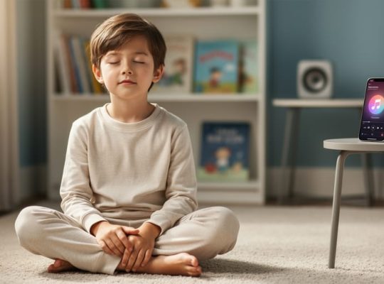 Child sitting calmly on a bedroom floor with a softly lit phone playing calming music nearby, creating a peaceful atmosphere.