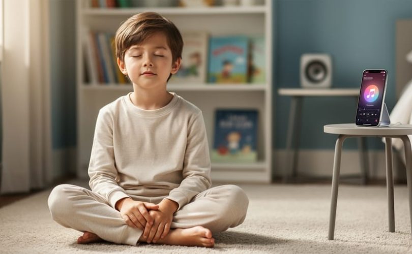 Child sitting calmly on a bedroom floor with a softly lit phone playing calming music nearby, creating a peaceful atmosphere.