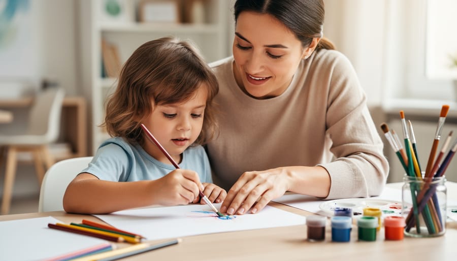 A caregiver and child sit together drawing with colored pencils at a calm table.