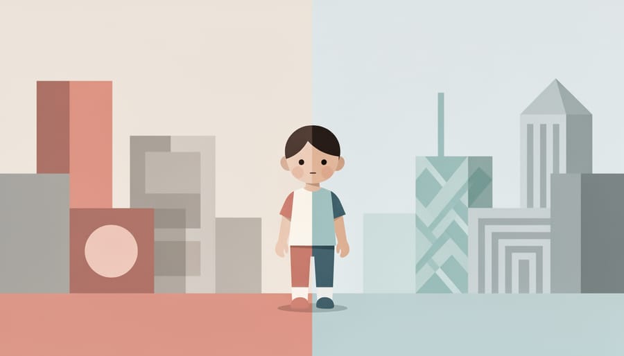A child standing between two contrasting doorways in a hallway, symbolizing feeling between two cultures