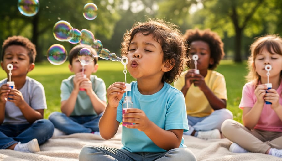 Child blowing bubbles outdoors, using bubble play as a calming breathing exercise.