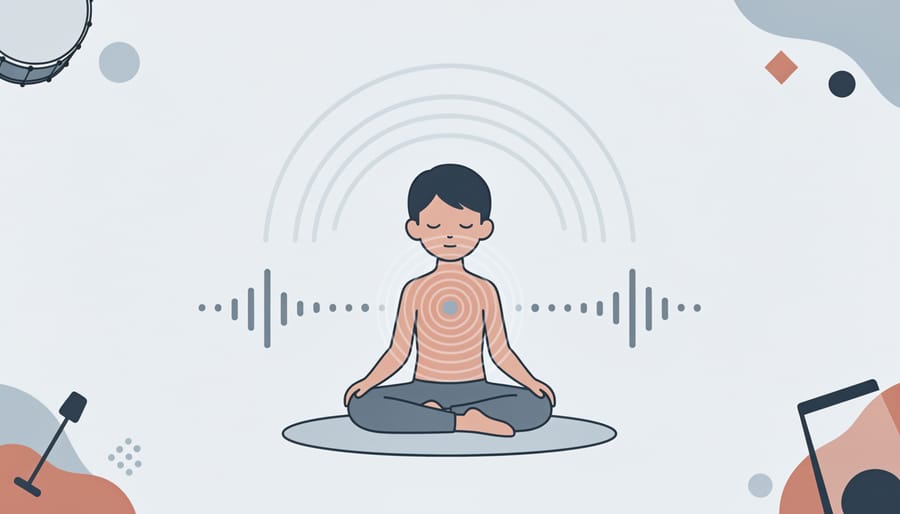 Child placing a hand on their chest while an adult gently guides rhythm with a drumstick over a small drum