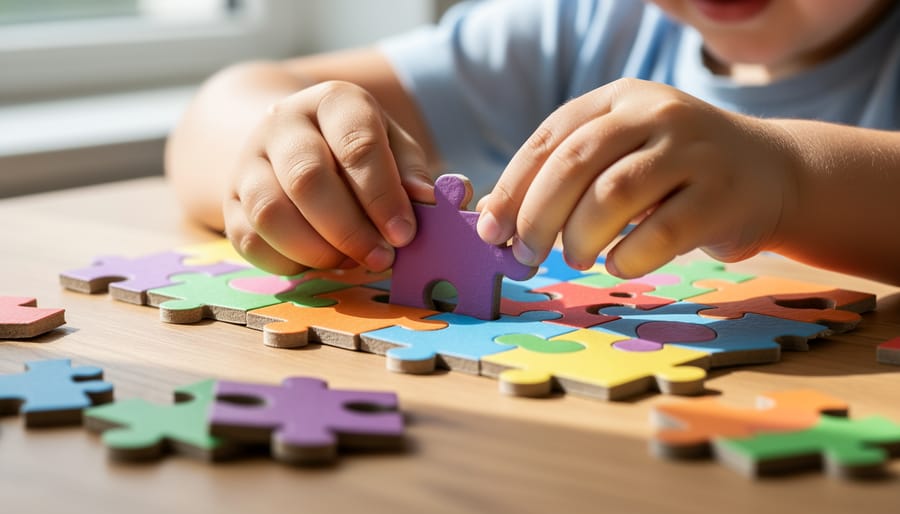 Child’s hands placing a jigsaw puzzle piece into a completed section