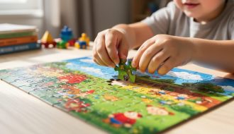 Close-up of a child’s hands placing a jigsaw puzzle piece into a colorful puzzle on a table, with other learning items softly blurred in the background.