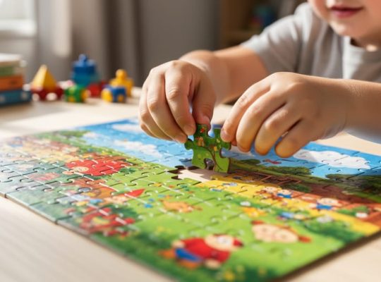Close-up of a child’s hands placing a jigsaw puzzle piece into a colorful puzzle on a table, with other learning items softly blurred in the background.