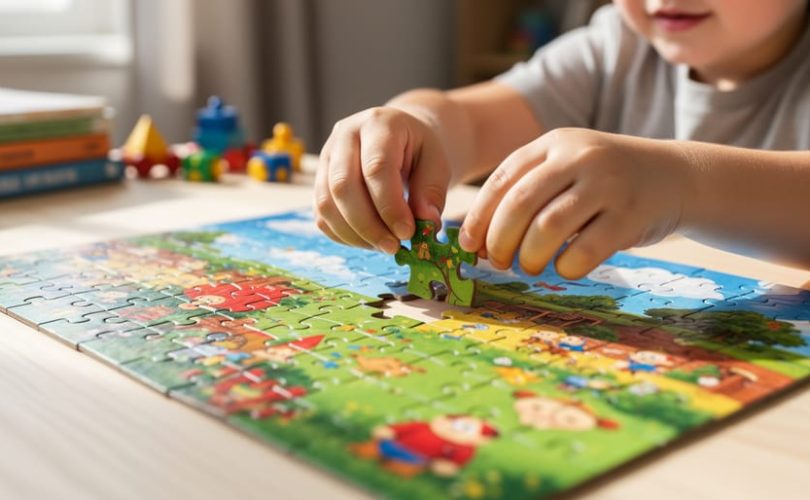 Close-up of a child’s hands placing a jigsaw puzzle piece into a colorful puzzle on a table, with other learning items softly blurred in the background.