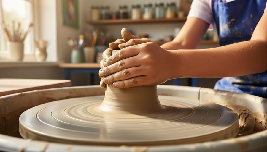 Close-up of a child’s hands shaping and smoothing clay on a wooden table.