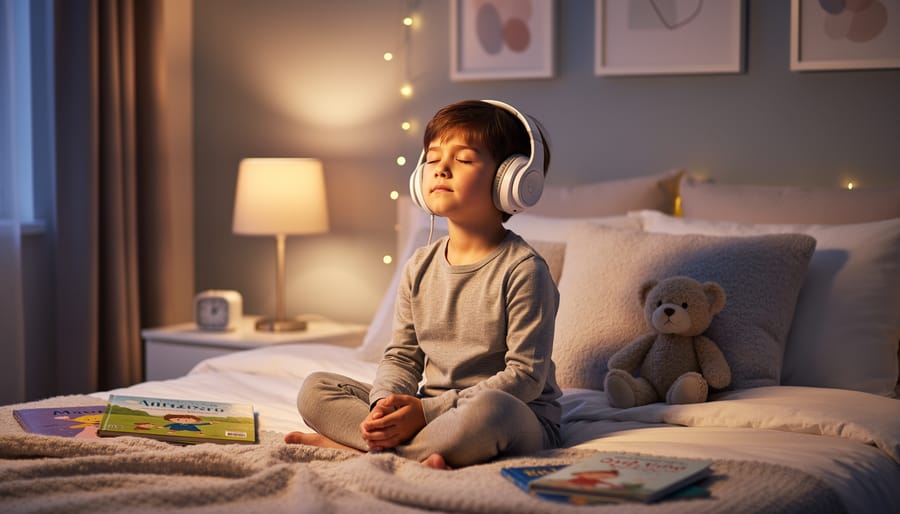 Child in pajamas sitting calmly on a bedroom rug with headphones, practicing slow breathing to feel less anxious.