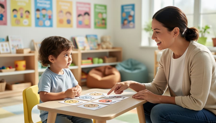 Child in a classroom holding a notebook and looking thoughtfully toward a teacher in a supportive learning environment.