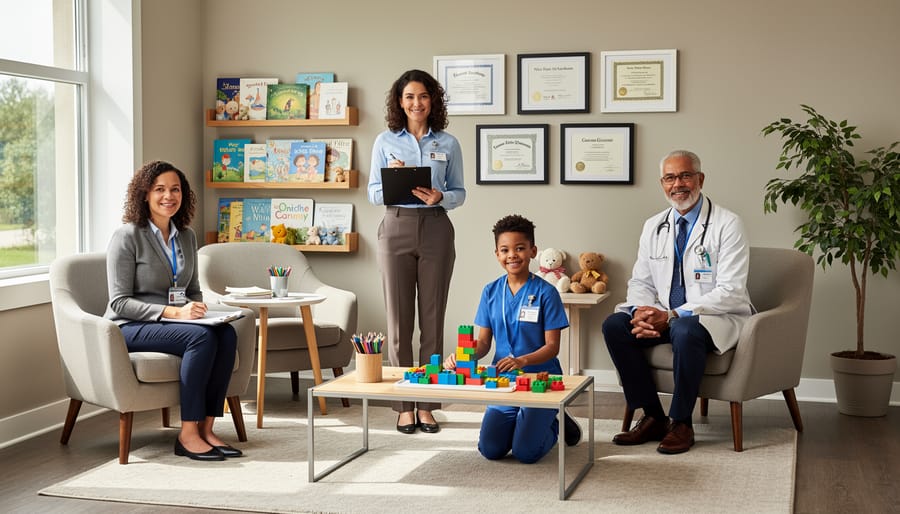 Three child mental health professionals in a healthcare setting, shown in a calm, professional scene.