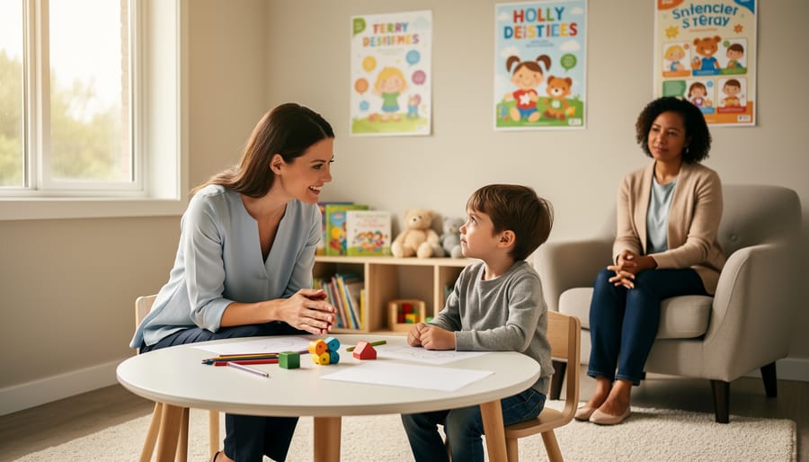 Therapist sitting with a child at a table with picture cards while a caregiver sits nearby in a calm therapy room