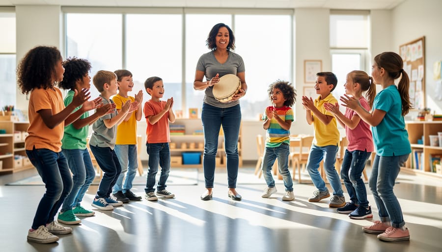 Children in a circle clapping and stomping while an adult taps a small hand drum to keep a steady beat