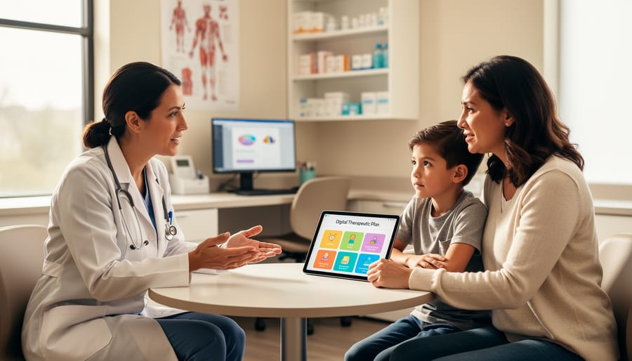Clinician speaking with a parent and child in a bright, calm clinic office setting