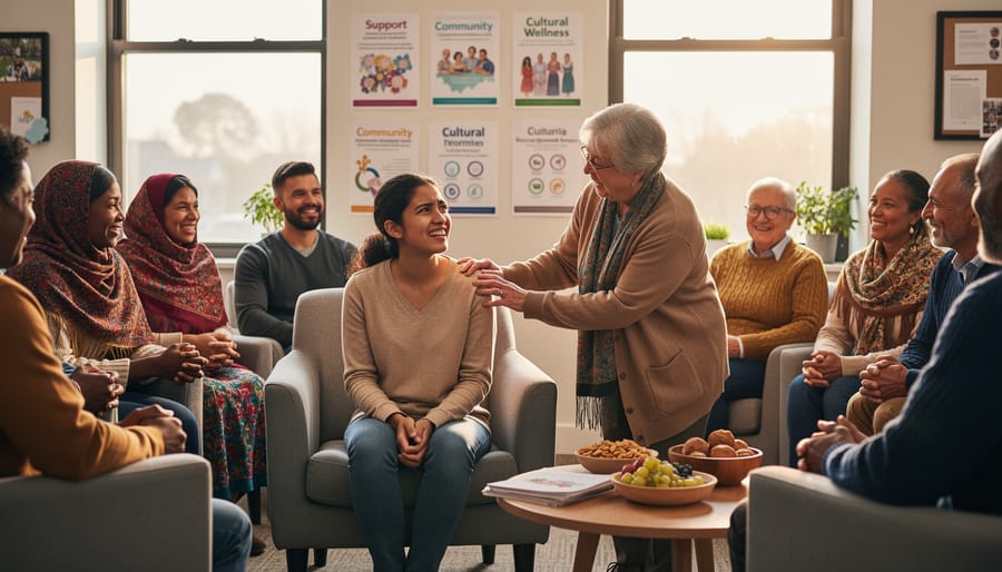Counselor and family in a community circle at a community center, showing supportive and hopeful engagement