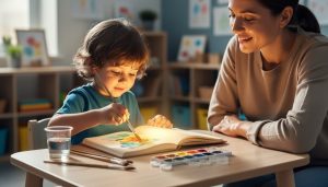A child painting with watercolors at a table while a parent sits nearby in a calm, supportive environment.