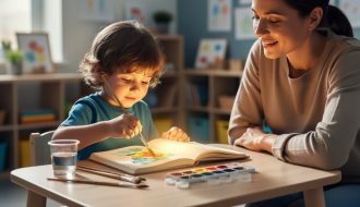 A child painting with watercolors at a table while a parent sits nearby in a calm, supportive environment.