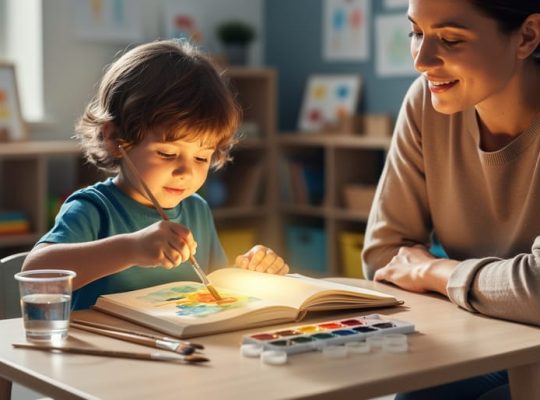A child painting with watercolors at a table while a parent sits nearby in a calm, supportive environment.