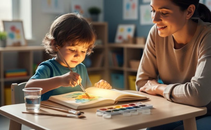 A child painting with watercolors at a table while a parent sits nearby in a calm, supportive environment.