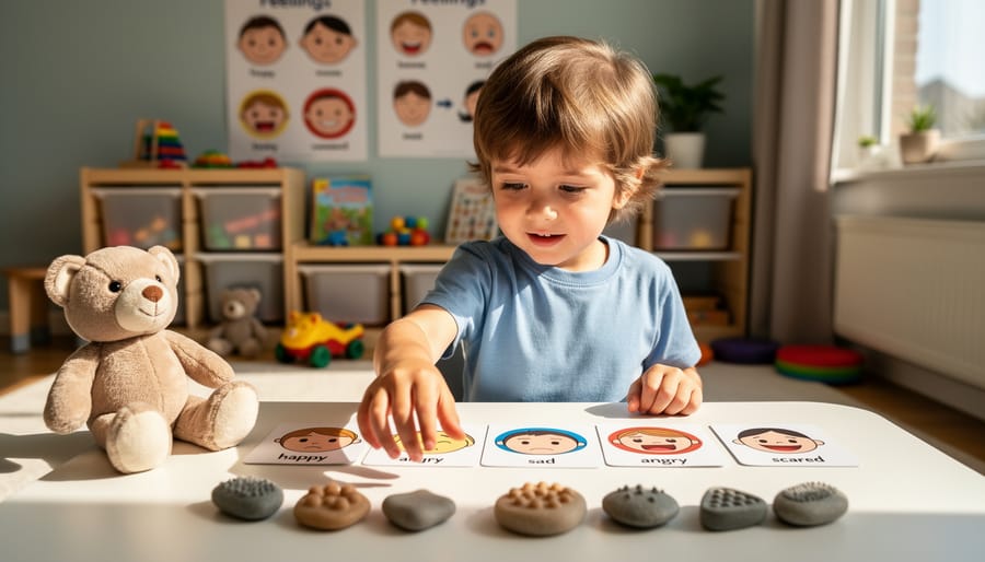 Young child tracing a blank emotion scale card with a therapist nearby in a therapy room
