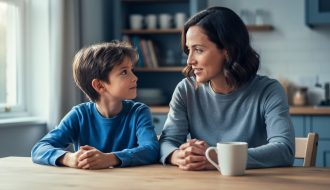 Parent and child sitting together at a kitchen table with calm, supportive expressions, representing emotional intelligence skills practiced at home.