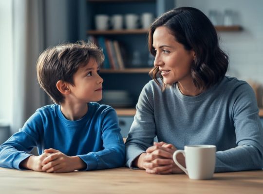 Parent and child sitting together at a kitchen table with calm, supportive expressions, representing emotional intelligence skills practiced at home.