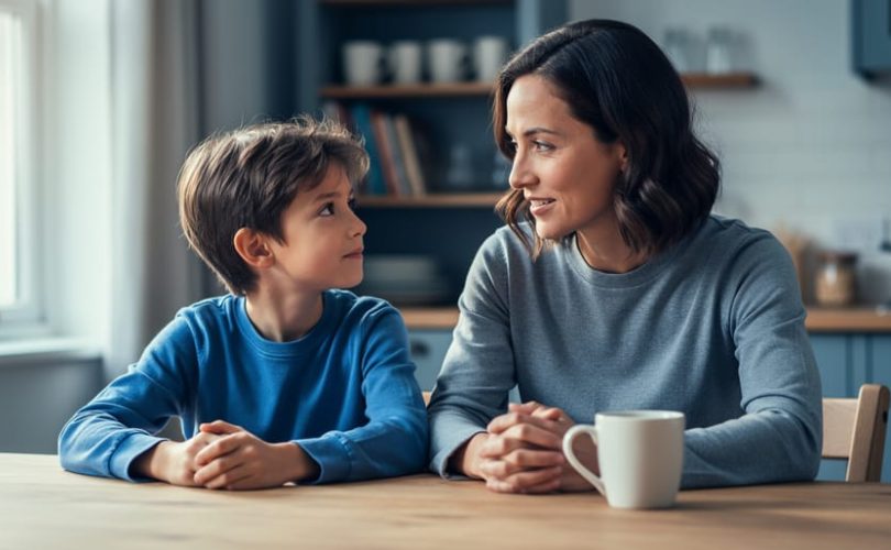 Parent and child sitting together at a kitchen table with calm, supportive expressions, representing emotional intelligence skills practiced at home.