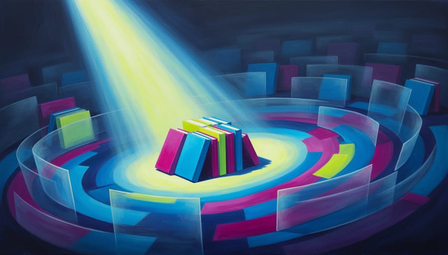 Books arranged like a selection area with bright light highlighting some volumes and darker stacks fading away