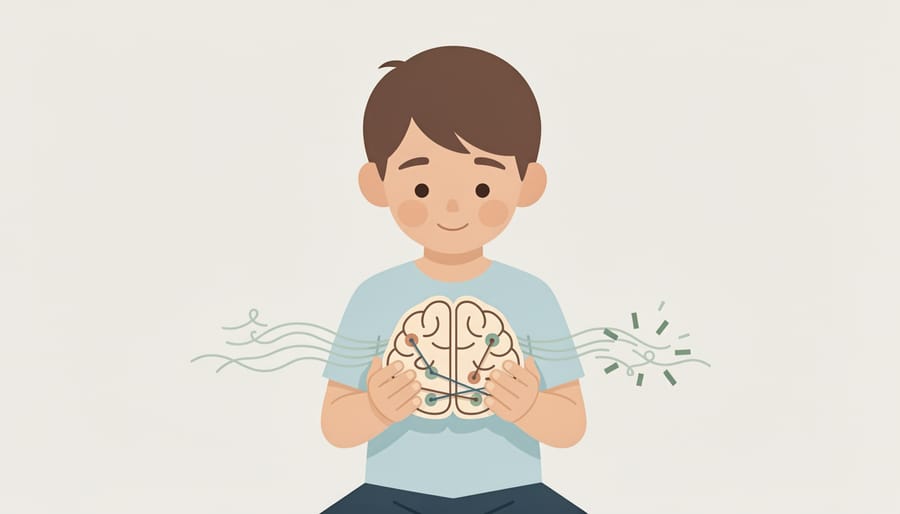 A child sits with one hand on their chest while holding a craft paper brain shape, symbolizing understanding anxiety.