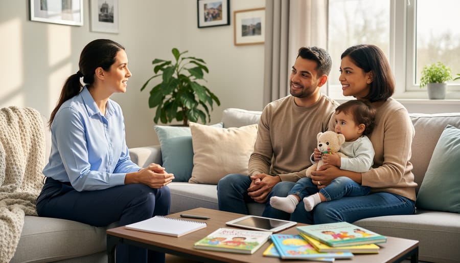 A professional visiting a family at home while a parent holds an infant at a kitchen table