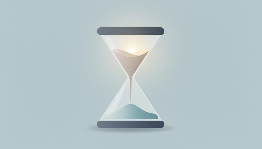 Overhead view of an hourglass on a bedside table next to a softly glowing device, symbolizing a calming stress reset.