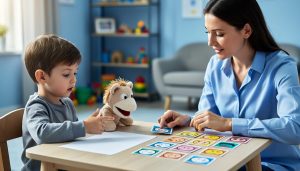 A therapist and young child sit together at a table using puppets and play materials to practice coping skills in an age-appropriate CBT session.