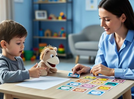 A therapist and young child sit together at a table using puppets and play materials to practice coping skills in an age-appropriate CBT session.