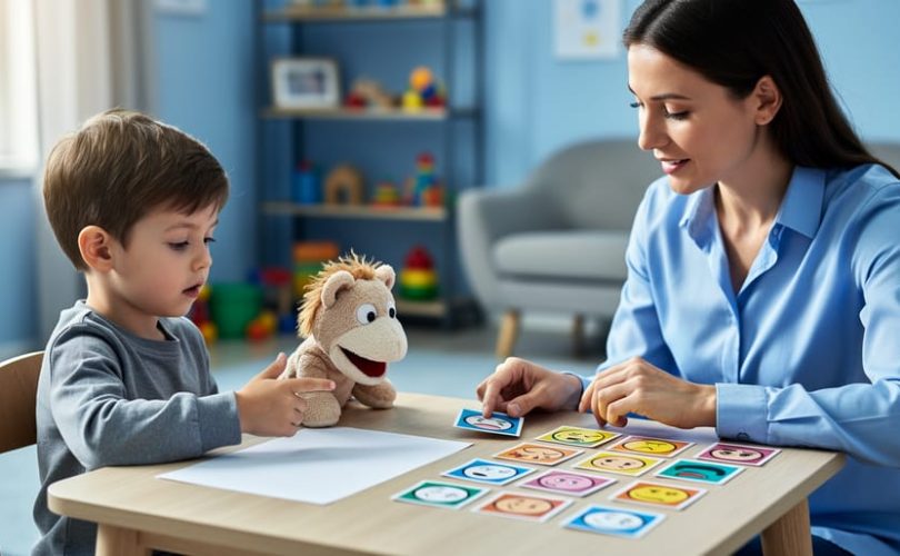 A therapist and young child sit together at a table using puppets and play materials to practice coping skills in an age-appropriate CBT session.