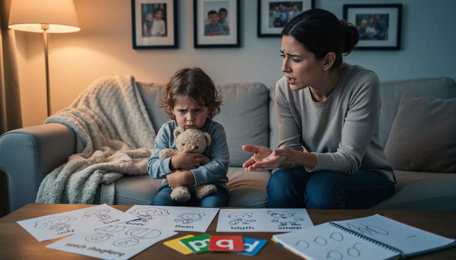 Parent and child sitting at a kitchen table with books and a phone, looking concerned while dealing with communication challenges