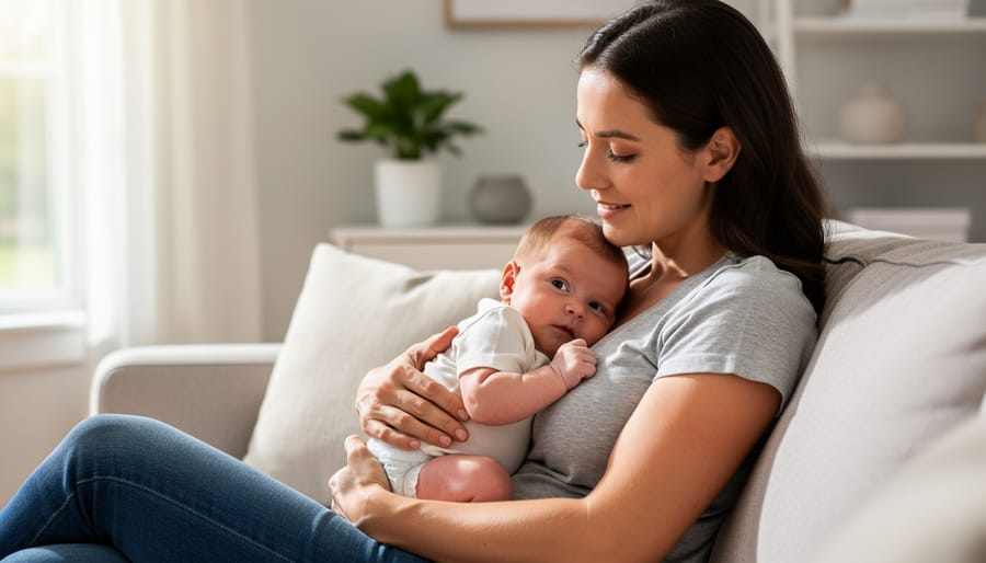 Military parent sitting on the floor with a baby on a play mat in a cozy living room