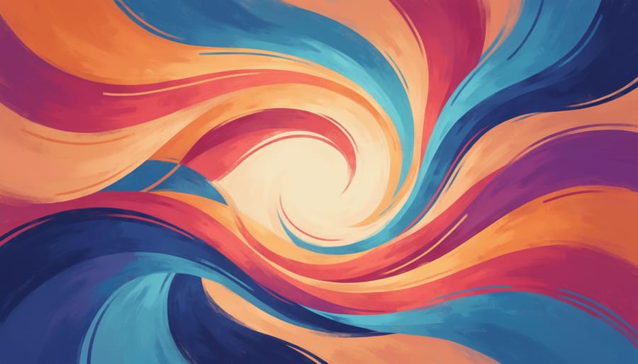 Paint palette and brushes beside a sheet of paper with colorful brush strokes on a table.